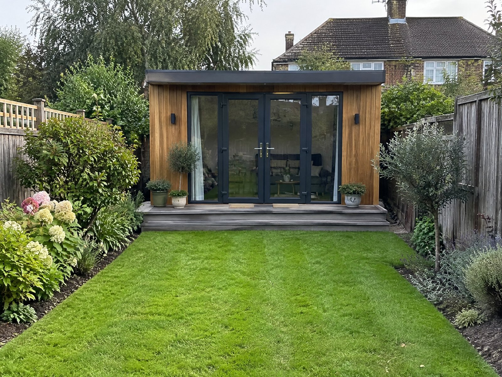 Illustrative image: timber-clad garden room with glazed doors at the end of a lawn